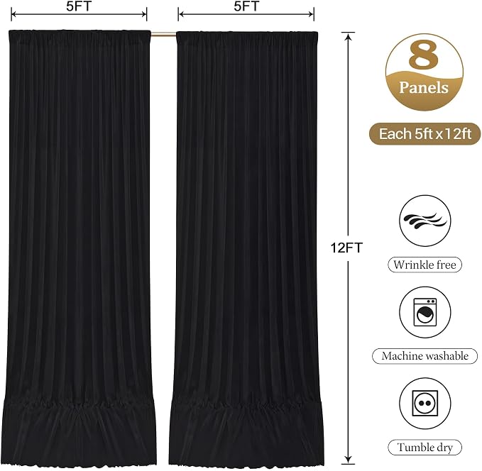 40ftx12ft Wrinkle Free Black Backdrop Curtain, 8 Panels 12FT Long Wedding Photo Backdrop Drapes, Silky Polyester Back Drop Cloth for Birthday Photography Background Party Backdrop Draping