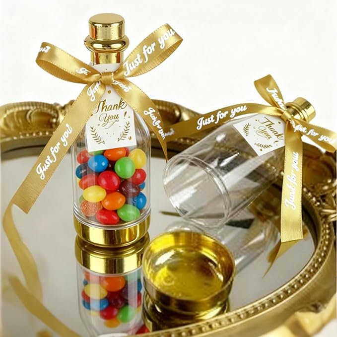 36PCS Mini Champagne Bottle Candy Container Shaped Jars Gold Plastic DIY Favor Candy Bottle Wedding Party Favor Containers, Comes with Card and Bow Ribbon