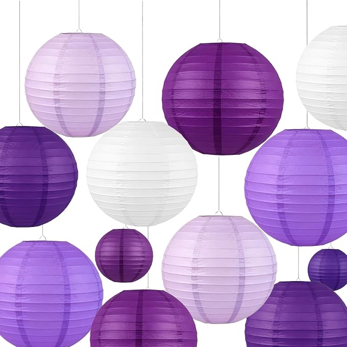 Purple & Cream White Paper Lanterns Set (12 Pcs) - 6/8/10 Inch Hanging Lanterns for Weddings, Women’s Professional Parties, Birthdays & Home Decor
