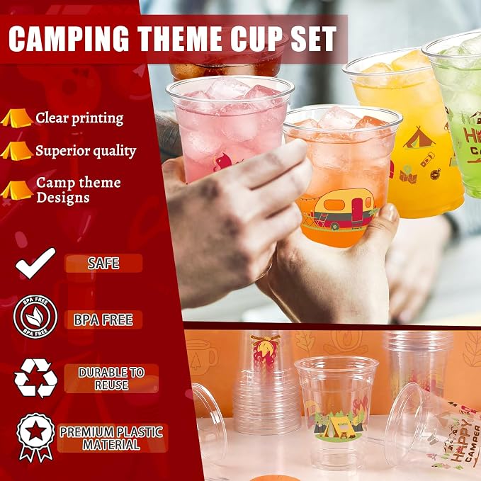 Camping Party Decorations Cups, 50 Pcs 12Oz Bulk Disposable Drinking Camping Theme Plastic Cups for BBQ Coffee Tea Beverage Backyard Birthday Shower Wedding Christmas Party Decorations Favors