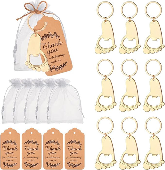 50 Pieces Footprint Bottle Opener Baby Shower Favors for Guest with Key chain and Organza Bags Tags (gold)