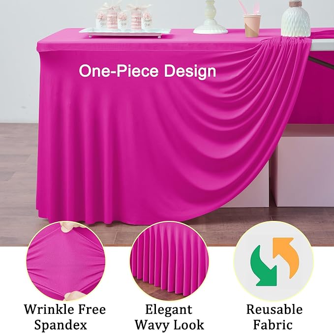 6 Pack Hot Pink Spandex Tablecloth for 6 Foot Rectangle Tables, Wrinkle Free Fitted Table Cloth Cover 6ft Fuchsia Stretchy Tablecloths with Skirt for Parties Weddings Birthday Banquet Baby Shower
