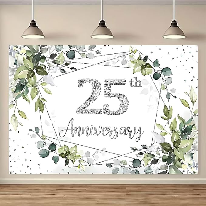 Silver Wedding 25th Anniversary Decorations Backdrop Watercolor Eucalyptus Leaves Sparkling Diamond 25th Background Couple Wedding Engagement Banner (A, 9X6FT)