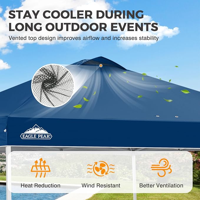 EAGLE PEAK Pop Up Canopy Tent with Wheeled Carry Bag, 8 Stakes, 4 Ropes, 4 Weight Bags, Easy Set Up Tent Canopy, 10x10 ft, 100sqft of Shade, Dark Blue