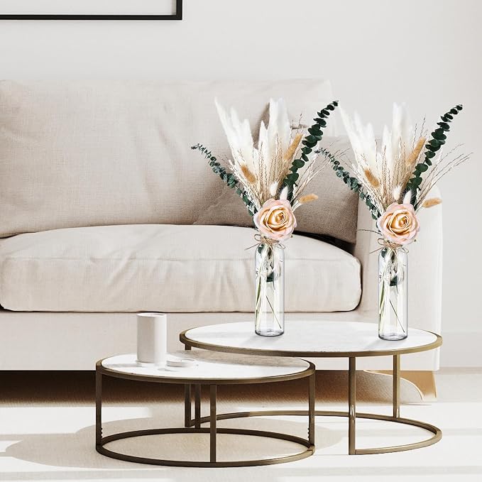 Qinyoung 10 Set Dried Pampas Grass Centerpiece for Wedding Baby Shower Party 10 Glass Flower Jars 10 Artificial Roses 80 Dried Pampas Grass with Rope for Rustic Bridal Farmhouse Decoration(Champagne)