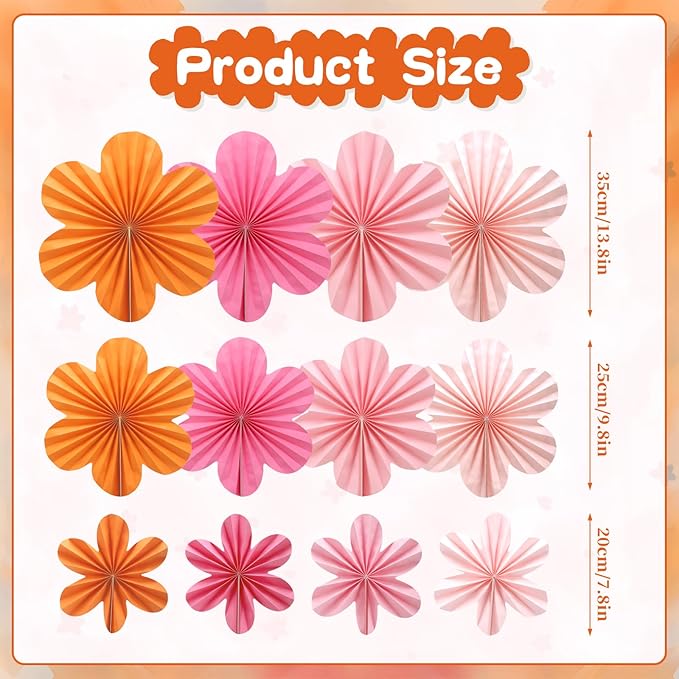 BestoFun 12 PCS Paper Flowers Fans Pink and Orange Party Decorations Paper Flowers Decorations for Wall Girl Groovy Birthday Baby Shower Wedding Bachelorette Room Hanging Décor