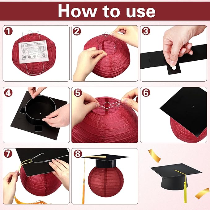 Gilprop 15 Pcs Black and Wine Red Graduation Decoration 2026 Paper Lanterns Graduation Party Decorations Hanging Round Paper Lanterns with Black Grad Hat Tassel for Congratulation Grad Decorations