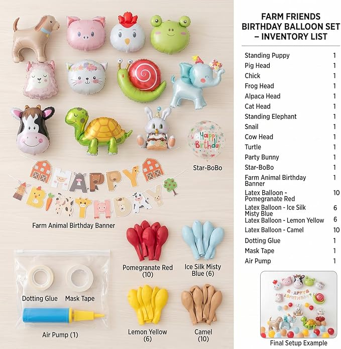 48 PCS Happy Birthday Farm Animals Foil Balloon Decorations Kit for Kids Birthday, Farm Theme Cow Chicken Pig Sheep All-In-One Party Supplies with Birthday Banner for Boys Girls Kids