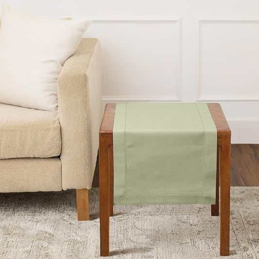 Solino Home Sage Table Runner 36 Inches - Cotton Linen Hemstitch Coffee Table Runner 14 x 36 Inch Ideal for Dresser Table, Spring, Summer, Mothers Day
