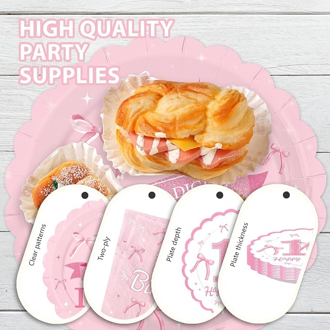 96Pcs Pink Bow Party Supplies Coquette 10th Birthday Party Plates and Napkins Disposable Bow Themed Tableware Set for Girl Happy 10th Birthday Baby Shower Decorations, Serves 24