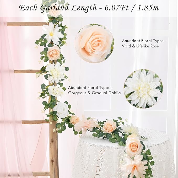 Waipfaru 6Ft Eucalyptus Greenery Garland with Flowers, Flower Rose Garland Decorations for Wedding Table Runner Centerpieces Backdrop Party Room Decor (White)