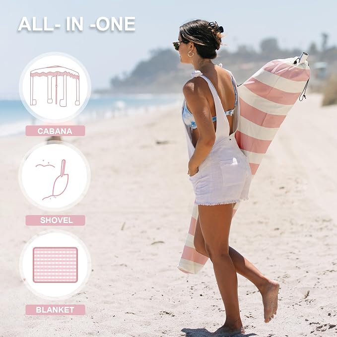 AMMSUN Beach Cabana with Beach Blanket, 7' x 7' Boho Canopy with Tassels, Premium Wood Pole, Fringe Cabana Tent with Sand Pockets, Instant Sun Shade for Sand, Garden, Outdoor, Rose Pink Stripes