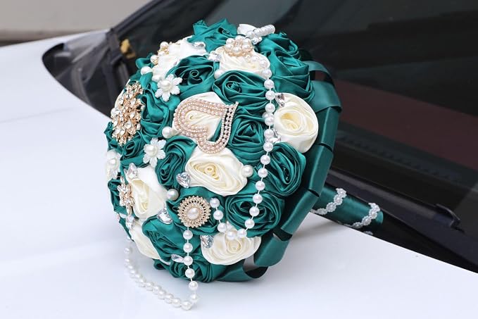 Emerald Green and Ivory Bridal Wedding Bouquet with Rhinestone Brooch Pearl String Cascade Bouquet for Bride Bridesmaid Quinceanera Rose Flower Bouquet Wedding Emerald Green and Ivory 7.5in