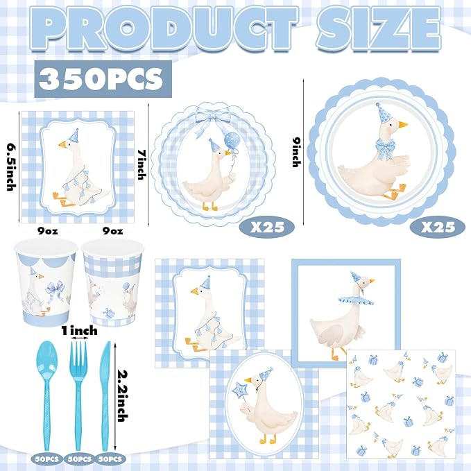 Zhehao 350 Pcs One Silly Goose Birthday Party Tableware Set Blue Bow Scalloped Baby Shower Plates Cup Napkins Forks for Birthday Party Decorations Supplies for 50 Guests