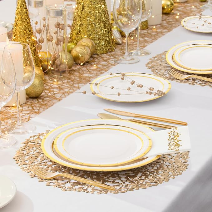 Didaey 700 Pcs Disposable Dinnerware Set for 100 Guests Include 200 Paper Plates, 300 Plastic Silverware, 100 Paper Cups, 100 Napkins for Wedding Birthday Party Supplies (White with Gold Rim)