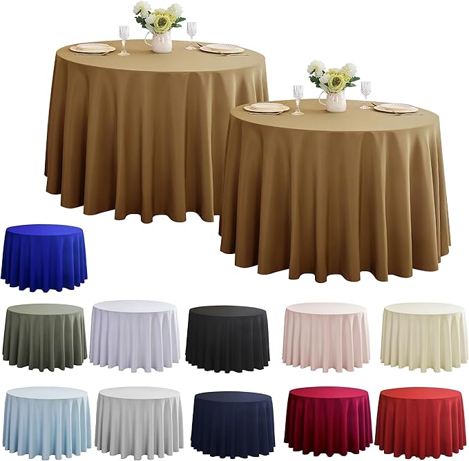 2-Pack Round 120-inch Coffee Table Cloths, Solid Stain and Wrinkle Resistant Circular Tablecloth, Premium Plain Weave Polyester Fabric Table Linen Covers for Hotel, Banquet