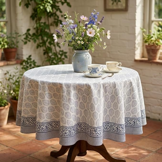 ATOSII Amalfi 100% Cotton Round Tablecloth, Handblock Print Floral Table Cloth for Kitchen Dining Linen I Parties, Weddings, Outdoors, Spring Summer I 90" Inches Round