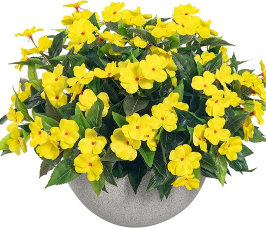 Uqueeten15.7” Fake Flowers Artificial Flowers for Outdoor,Silk Artificial Impatiens Bouquet Flowers for Outdoors，Spring Flowers Flores Artificiales para Decoracion Indoor Decor 8PCS(Yellow)