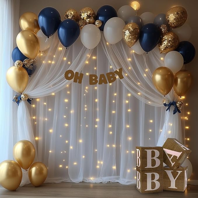 White Tulle Backdrop Curtain with Lights String 10x8ft Sheer Drapes for Wedding, Birthday, Baby Shower, Bridal Shower, Photo Booth, Party, Home Decor (2 Panels, White)