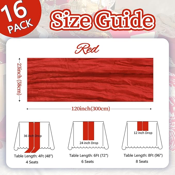 16 Pack Red Cheesecloth Table Runner 10ft Boho Gauze Fabric 120 Inch Cheese Cloth Table Runner Rustic Sheer for Holiday Baby Shower Party Décor Home Wedding Decoration