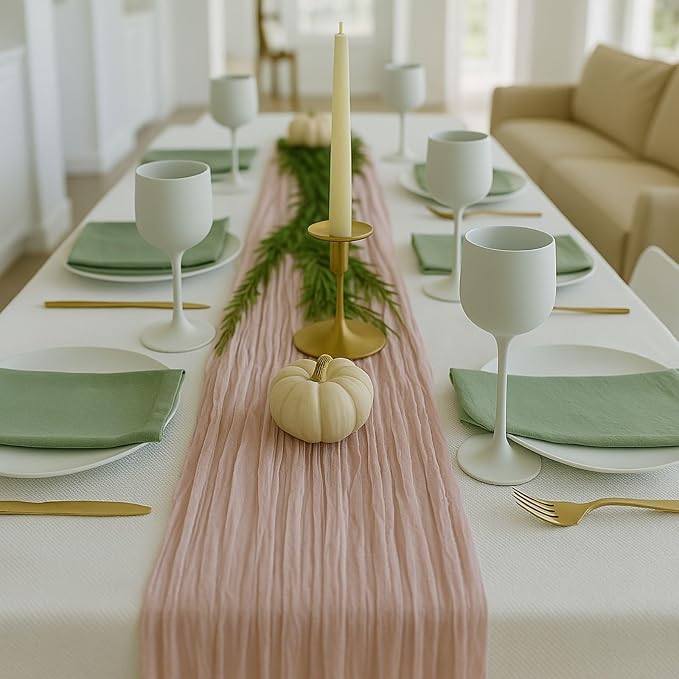 3 Pack Dusty Pink 10FT Cheesecloth Table Runners –120 Inch Blush Gauze Boho Table Decor Set for Bridal Shower, Mother’s Day Brunch, Baby Girl Party, or Romantic Wedding Reception