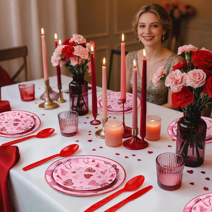 Valentine's Day Heart Love Disposable Tableware Set 194 Pcs Serves 24, Romantic Paper Plates Cups Napkins Forks Spoons Knives for Valentine’s Day Party, Wedding Reception, Anniversary Dinner Supplies
