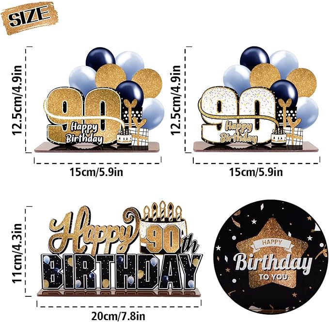 LINGTEER Happy 90th Birthday Gold Acrylic Table Topper Centerpieces Set - Cheers to Ninety Years Old Birthday 90th Bday Party Gift Decorations.