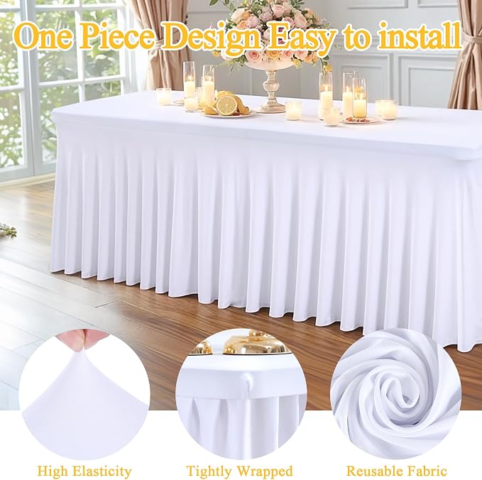 Shillance 2 Packs White Spandex Table Covers 4 Foot, Fitted Stretch Table Cloth with Skirts 48x24 Inch, Wrinkle-Free Floor Length Rectangle Tablecloths for Weddings Parties Banquets Events