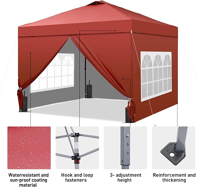 GDY 10x10 Pop Up Canopy Tent with 4 Sidewalls, Easy Set up, Outdoor Silver Coated Beach Gazebos, Carpas with 4 Sandbags, for Pool, Events, Parties, and Camping, Red.