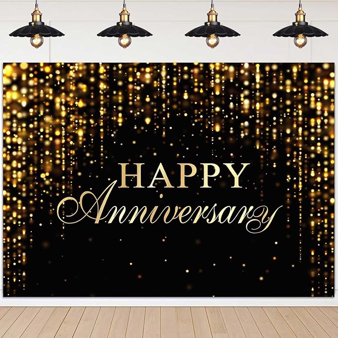 Happy Anniversary Backdrop Black Gold Anniversary Banner Cheers to Marriage Love Wedding Party Decorations Glitter Flowing Drapes Photography Background Photo Booth Props 8x6ft