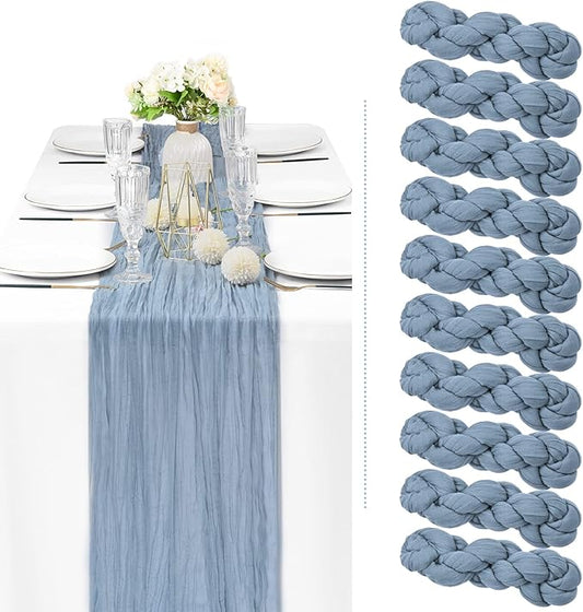 Showgeous 10 Pack Dusty Blue Cheesecloth Table Runner, 10FT Long Semi-Sheer Boho or Rustic Gauze Table Runner Wedding Table Decor for Wedding Arch Draping Bridal Shower Holiday Party