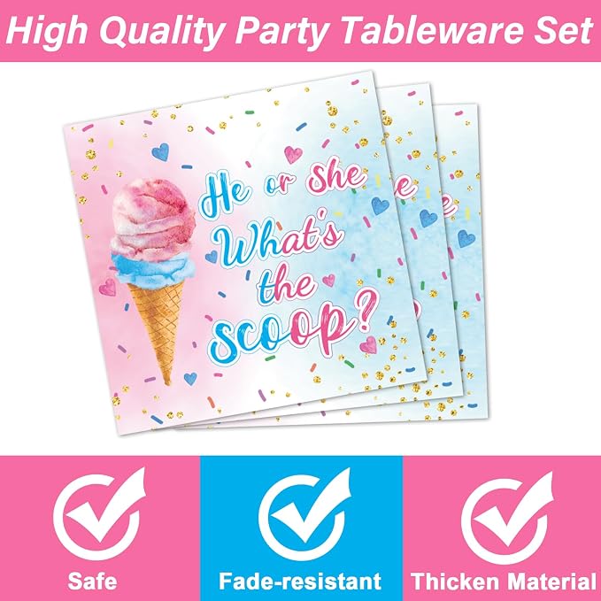 96PCS Ice Cream Gender Reveal Party Paper Tableware What's the Scoop Gender Reveal Plates Party Supplies for Summer Ice Cream Theme He or She Boy or Girl Baby Shower Dinnerware Plates Napkins Forks