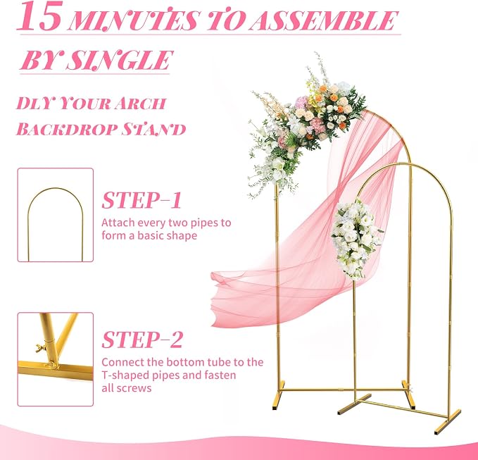 Metal Arch Backdrop Stand 7.2FT+6FT Wedding Arch Backdrop Stand Set of 2 Gold Backdrop Arch Stand Wedding Arch Frame for Wedding Ceremony Birthday Party Decoration Arbors of Metal
