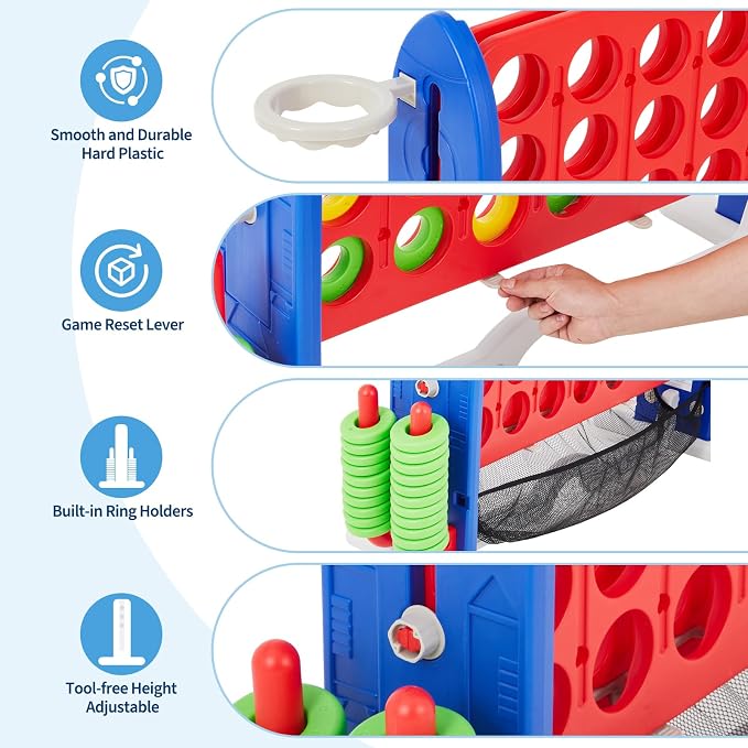 Giant 4-in-a-Row Game Set, Whale Design 4-in-1 with Basketball Hoop, Golf, Ring Toss, 42 Jumbo Rings, Adjustable Height, Quick-Release Catch Net - Outdoor Play for Kids & Adults