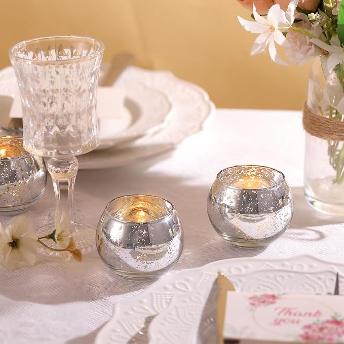 Silver Votive Candle Holders Set of 12 - Mercury Glass Votives Candle Holder - Christmas Tealight Candle Holder for Home Decor and Weddings/Parties Table Centerpieces