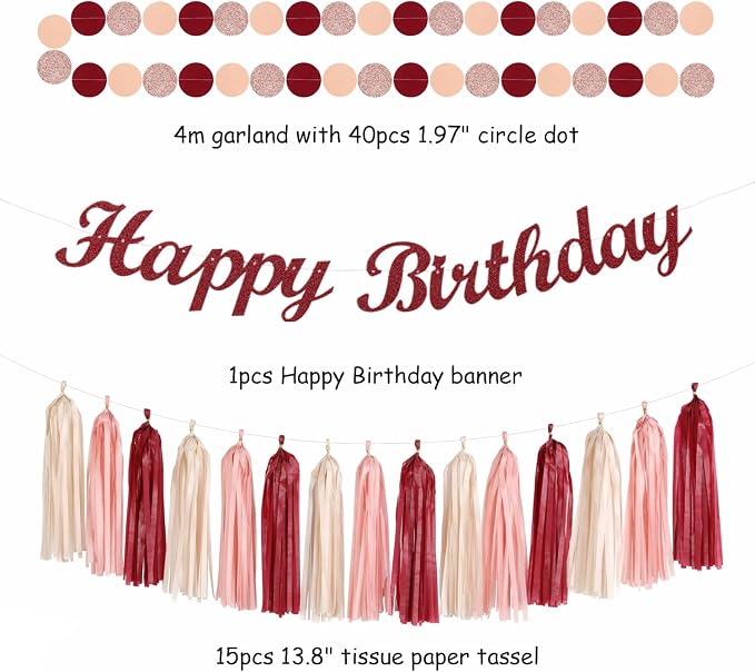 Rose-Gold Burgundy Champagne Women Birthday Party Decorations Hugmoon | 31pcs 67 50th Cherry Pastel Girls Banner,Paper Lanterns,Streamers, Pom Poms Fans,Tassel Garland Birthday Kit Decor Backdrop