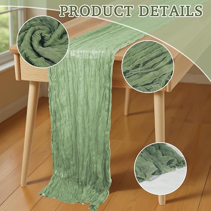 16 Pack Cheesecloth Table Runners 20" x 120", Boho Gauze Table Decor for Wedding, Bridal Shower, Birthday Party, Long Romantic Runner(Sage Green)