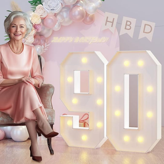 3FT Marquee Light Up Numbers 90th Birthday Decorations for Women Men, Large Marquee Numbers 90 Ninety Years Olds Party Decor, Big Mosaic Numbers Anniversary Decorations