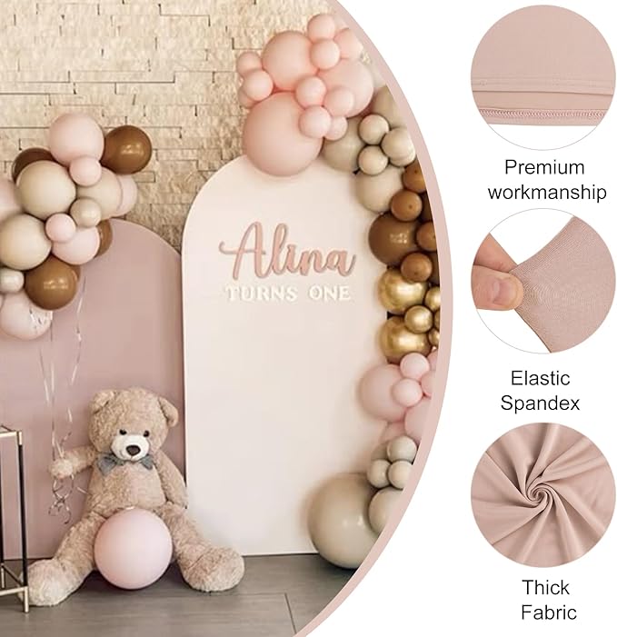 Set of 2 Wedding Arch Cover 2-Sided Round Top Spandex Fitted Arch Backdrop Cover for Birthday Party Baby Shower Wedding Arch Stand Decor（7.2FT, 6.6FT, Cameo Brown）