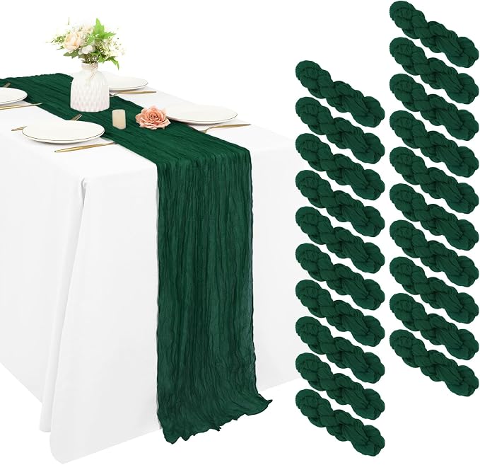 20 Pack Cheesecloth Table Runner 17 x 108 inch Long Boho Gauze Table Runners Semi Sheer Table Runner for Wedding Decor, Baby Shower, Birthday Party, Banquet (Emerald Green)