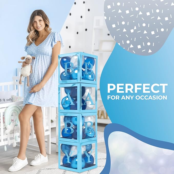 44-Piece Baby Shower Decorations for Boy or Girl - 4 Boxes with Letters and 32 Balloons - Royal Navy Blue and White - Gender Reveal Party Supplies - Photo Shoot Backdrop