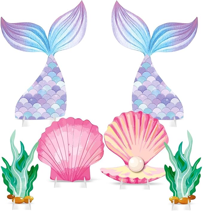 6 Pcs Mermaid Backdrop Under The Sea Birthday Party Decorations Large Mermaid Tail Seaweed Seashell Cardboard Cutouts Ocean Theme Booth Photo Props for Baby Shower Indoor Outdoor Decor