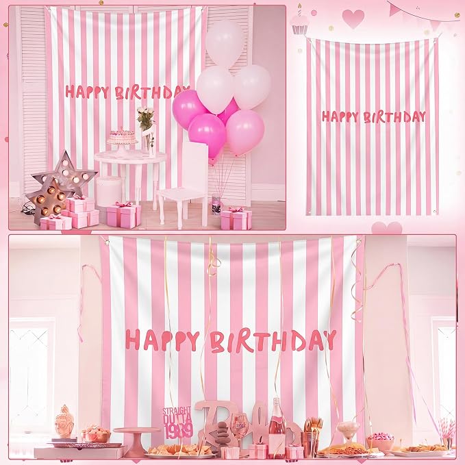 Flutesan 7x5ft Pink Stripe Happy Birthday Backdrop Large Banner Fabric Tapestry Birthday Party Decoration Baby Shower Linen Rustic Background Wall Photo Props Indoor Outdoor