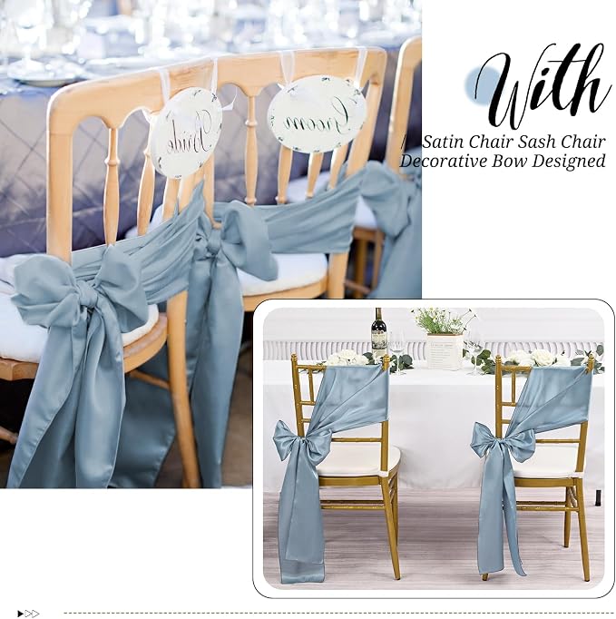 Pesonlook 60 PCS Dusty Blue Satin Chair Sashes Bows Satin Chair Sashes Universal Chair Cover for Wedding Reception Restaurant Event Decoration Banquet,Party,Hotel Event Decorations (7 x 108 inch)