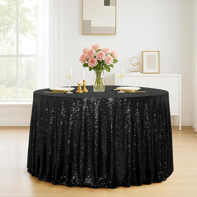 Eternal Beauty Black Tablecloth, 120 Inch Round Sequin Tablecloth for Party Cake Dessert Table Exhibition Events