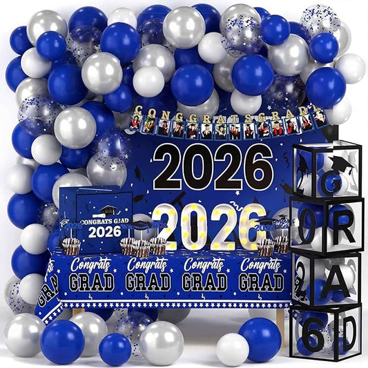 Lunmon 114 Pcs Graduation Decorations Class of 2026 Include Grad Backdrop Balloons Photo Banner Graduation Card Box Holder Balloon Boxes Cake Toppers Light up Numbers 2026 Tablecloth(Black, Blue)