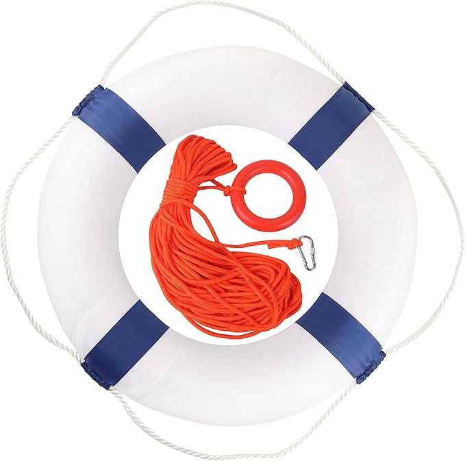 Calvana 20" Foam Life Preserver Ring with 98.4ft Floating Lifesaving Rope, Throwable Flotation Device, Pool Safety Float, for Buoy and Swimming Decoration, Boat Safety Equipment