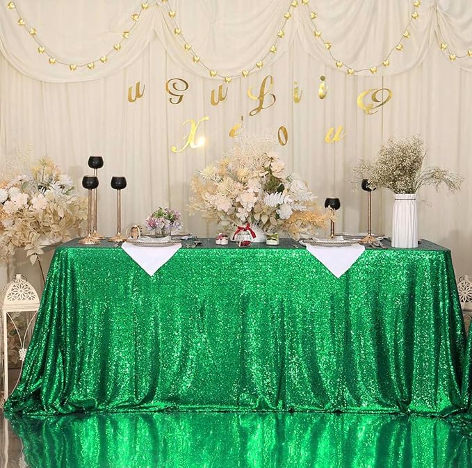 Eternal Beauty Green Tablecloth, 50x80 Inch Sequin Rectangle Glitter Table Cover for Cake Dessert Exhibition Party Birthday Events