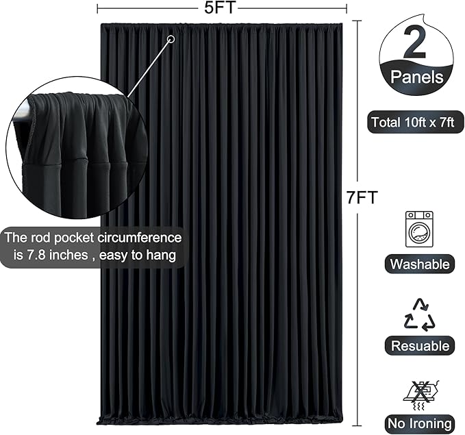 10ft x 7ft Black Backdrop Curtain for Parties Black Wrinkle Free Backdrop Drapes Panels for Birthday Party Wedding Photo Photography Polyester Fabric Background Decoration