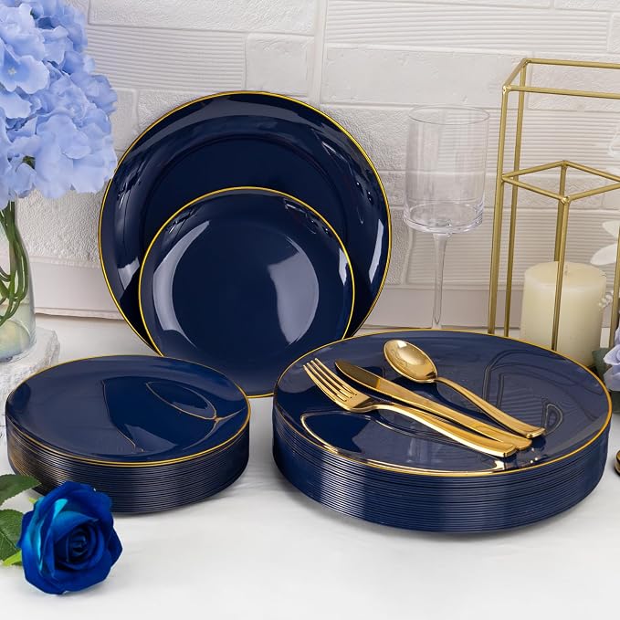 YOUBET 125PCS Blue Plastic Plates - Navy Blue Disposable Plates With Gold Rim Include 25 Dinner Plate, 25 Dessert Plate, 75 Gold Silverware Cutlery for Party & Wedding
